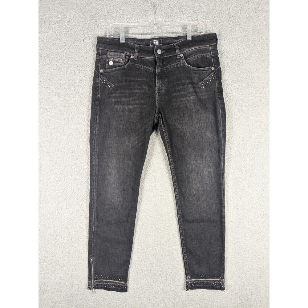 Mac Rich Jeans Womens 34x28 Black Denim Mid Rise Slim Ankle Zip Chic Chain